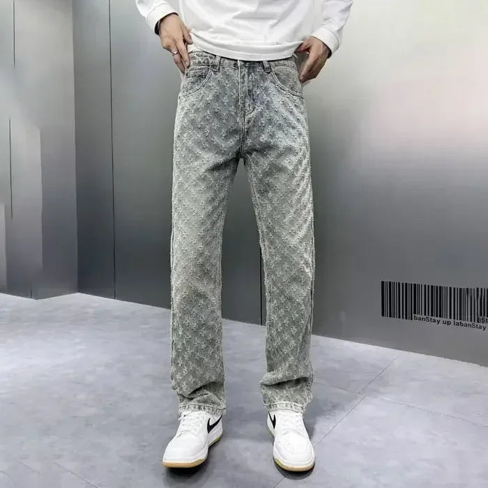 Korean Retro Long Pants High Street Ins Trendy Brand Jacquard Design Jeans Men's Street Y2K Loose Wide Leg Hip-hop Jeans