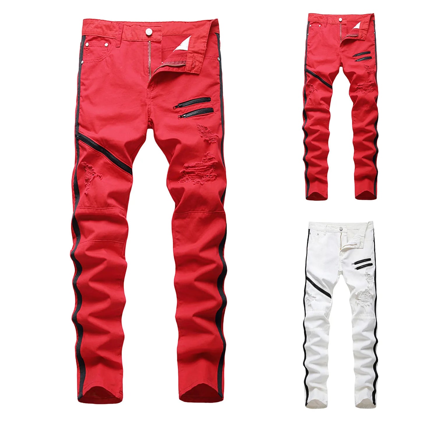 Mens Elastic Large Zippered Denim Pants American Grunge High Elasticity Wide Leg Business Pants Male Y2k Punk Long Trousers