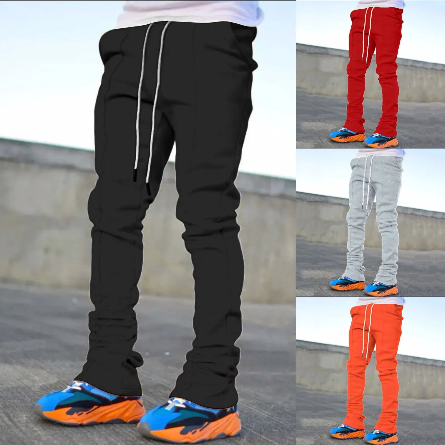 Sports Mens Pants Casual Four Season Long Flared Trousers Slim Fit Tie Elastic Waist Solid Color Male Trousers Pantalon Homme