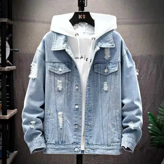 Men Denim Jacket 2025 Ripped Hole Single Breasted Coats Spliced Outerwear Jackets Pockets Casual Loose Washed Distressed