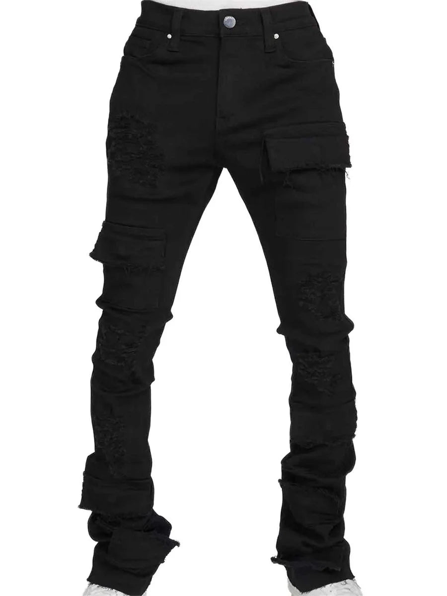 Men Ripped Denim Pants Distressed Skinny Cargo Pants Casual Trousers with Pockets for Streetwear Autumn Spring Clothes Punk Y2K