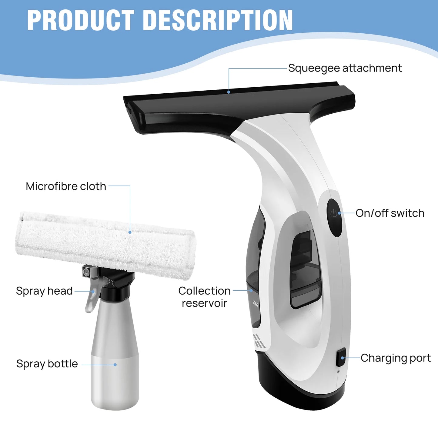 Cordless Window Vac Cleaner, Rechargeable Window Cleaner - 28cm Squeegee Element & 150ml Water Tank, Cordless Window Washer