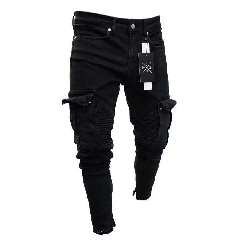 Stretch Jeans for Men Black Big Side Pockets Cargo Male Jeans Fashion Zipper Small Foot Denim Pants Elastic Jogging Trousers