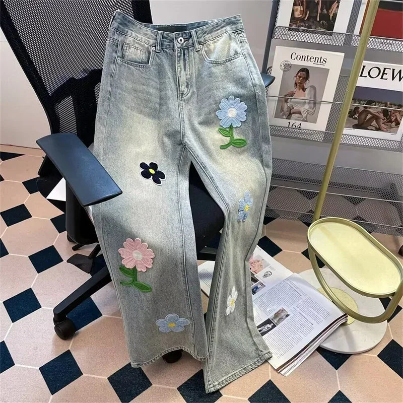 Y2K Vintage Flower Embroidered Jeans For Men High Street Baggy Straight Wide Leg Denim Pants Autumn Design Hip Hop Fashion Jean