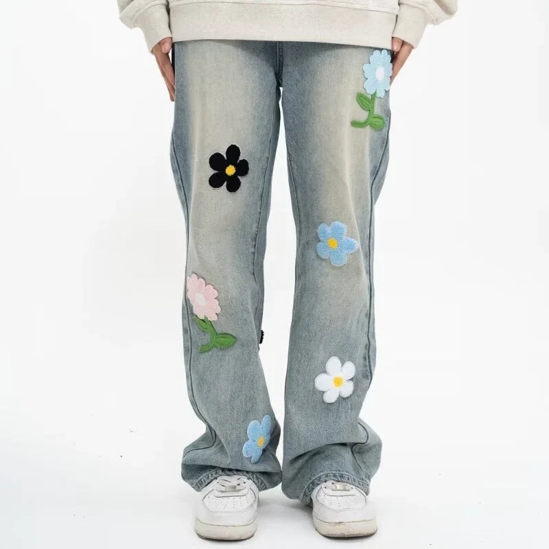 Y2K Vintage Flower Embroidered Jeans For Men High Street Baggy Straight Wide Leg Denim Pants Autumn Design Hip Hop Fashion Jean