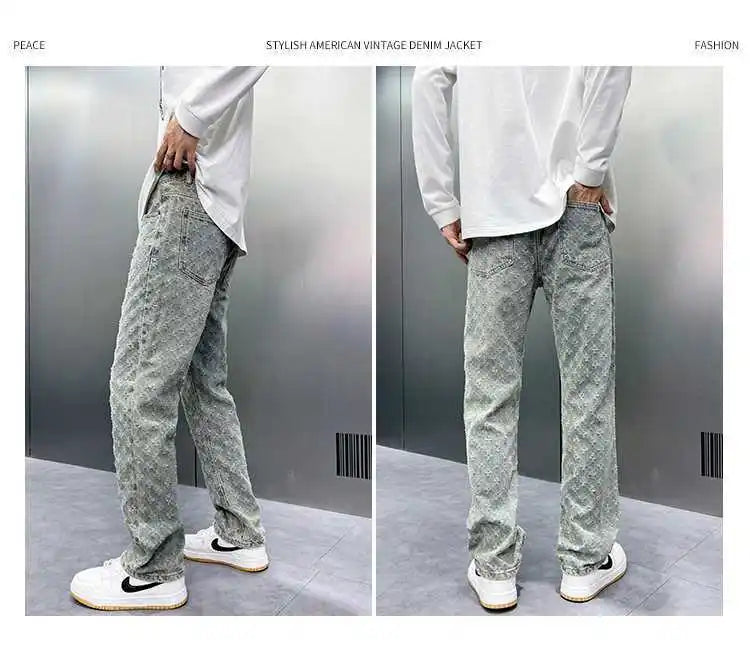 Korean Retro Long Pants High Street Ins Trendy Brand Jacquard Design Jeans Men's Street Y2K Loose Wide Leg Hip-hop Jeans