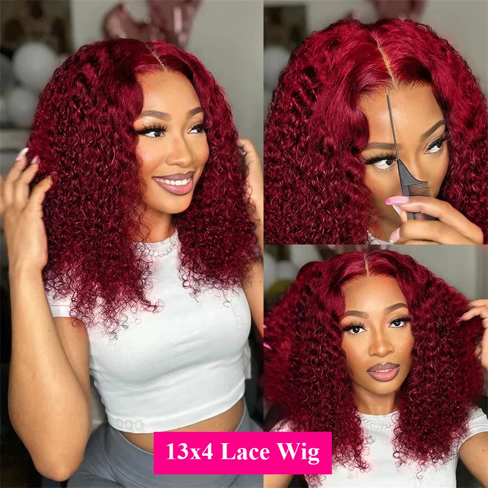 99J Deep Water Wave Bob Burgundy Lace Front Wigs Bob 100% Human Hair 13x4 Lace Frontal Wig Short Bob Kinky Curly Wig Brazilian