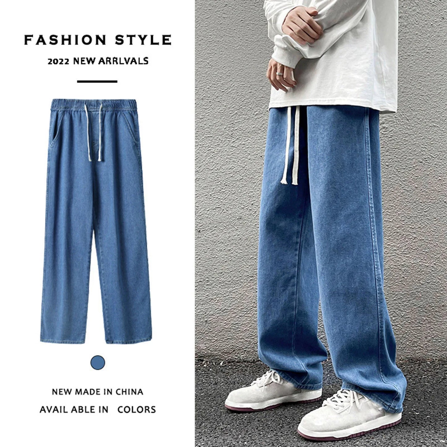 Men's Loose Fit Jeans Straight Drawstring Casual Pants Mens Slim Fit Stretch Denim Trousers 2025 Summer Fashion High Street Wear