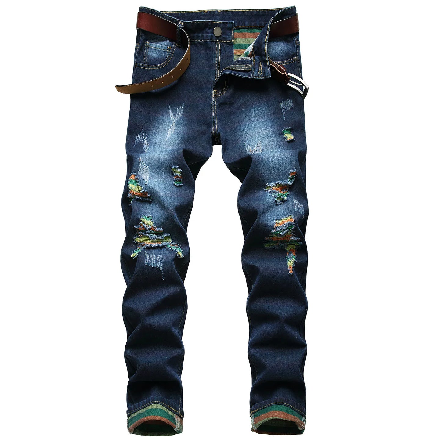 Men Vintage Wash Solid Denim Trousers Floor Mopping Jeans Mens Fashion Casual Fashion Ripped Straight Fit Rainbow Jeans