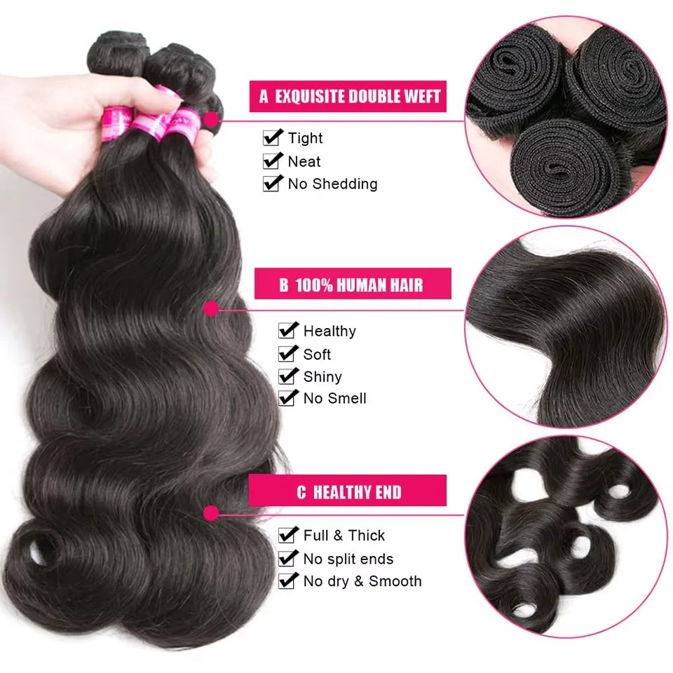 Body Wave Human Hair Bundles Brazilian Hair Weave Bundles 1/3/4 Bundle Deals Human Hair Extensions Natural & Jet Black