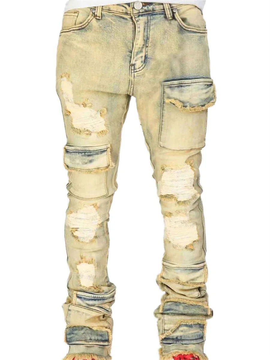 Men Ripped Denim Pants Distressed Skinny Cargo Pants Casual Trousers with Pockets for Streetwear Autumn Spring Clothes Punk Y2K