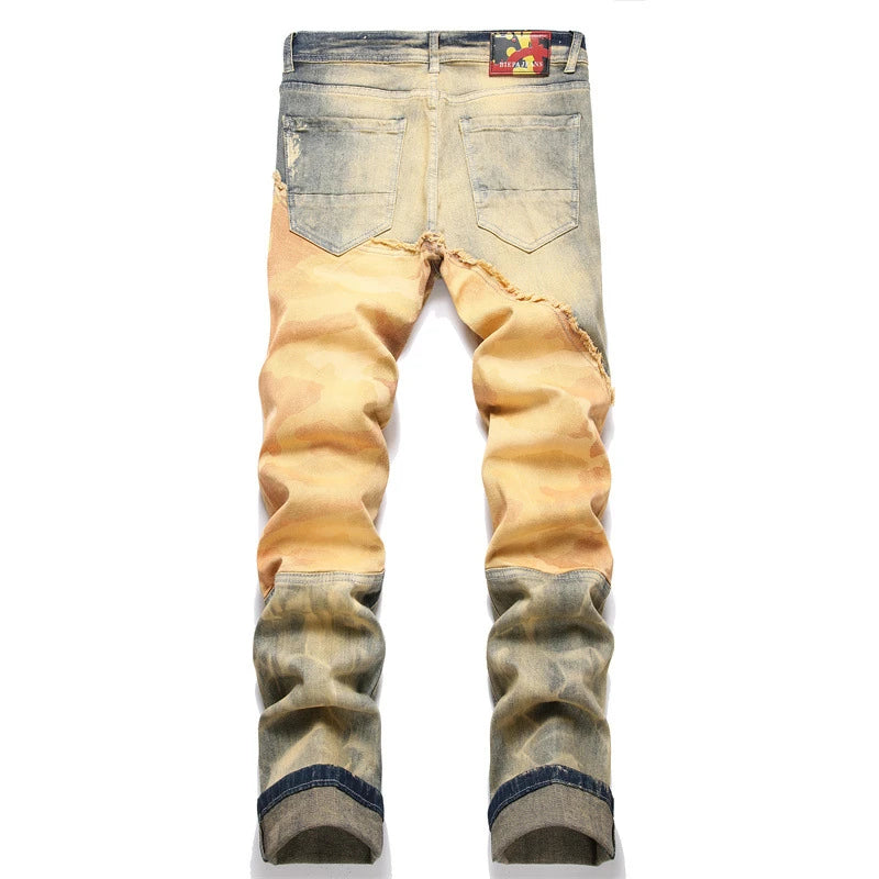 Autumn Winter New Yellow Spliced Ripped Jeans High Street straight Leg Mid-Waist Stretch Casual Pants