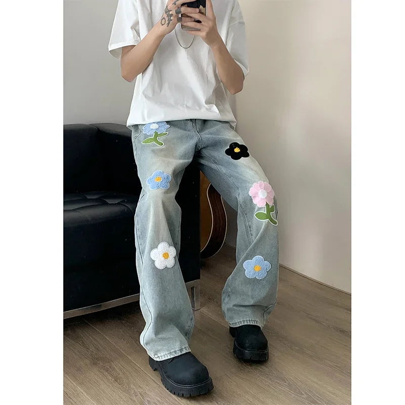 Y2K Vintage Flower Embroidered Jeans For Men High Street Baggy Straight Wide Leg Denim Pants Autumn Design Hip Hop Fashion Jean