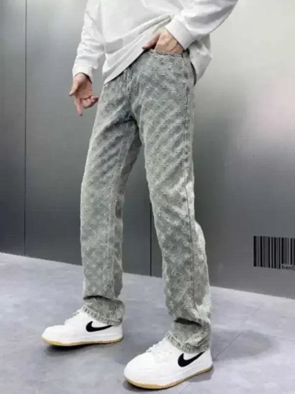 Korean Retro Long Pants High Street Ins Trendy Brand Jacquard Design Jeans Men's Street Y2K Loose Wide Leg Hip-hop Jeans