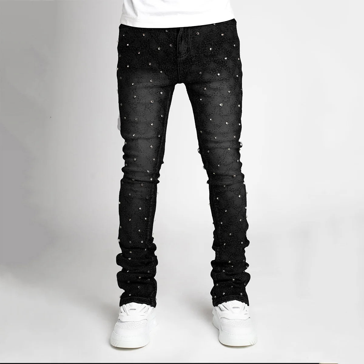 Stretchy Pearls Skinny Jeans For Men 2024 New Fashion Fashion Rhinestone European Street Personality Stacked Denim Pants