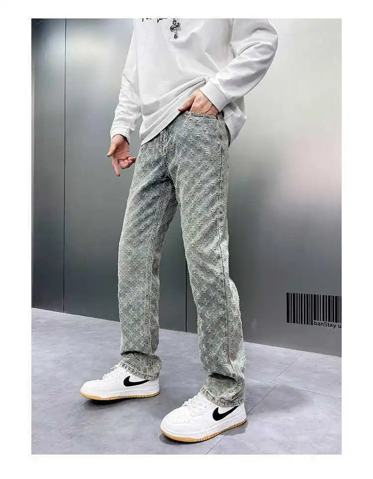 Korean Retro Long Pants High Street Ins Trendy Brand Jacquard Design Jeans Men's Street Y2K Loose Wide Leg Hip-hop Jeans