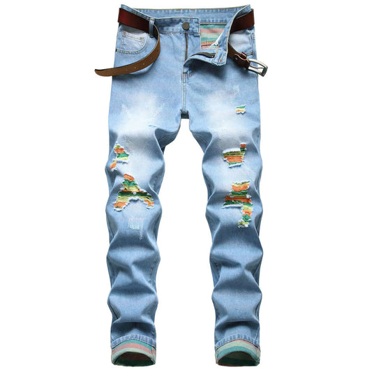 Men Vintage Wash Solid Denim Trousers Floor Mopping Jeans Mens Fashion Casual Fashion Ripped Straight Fit Rainbow Jeans