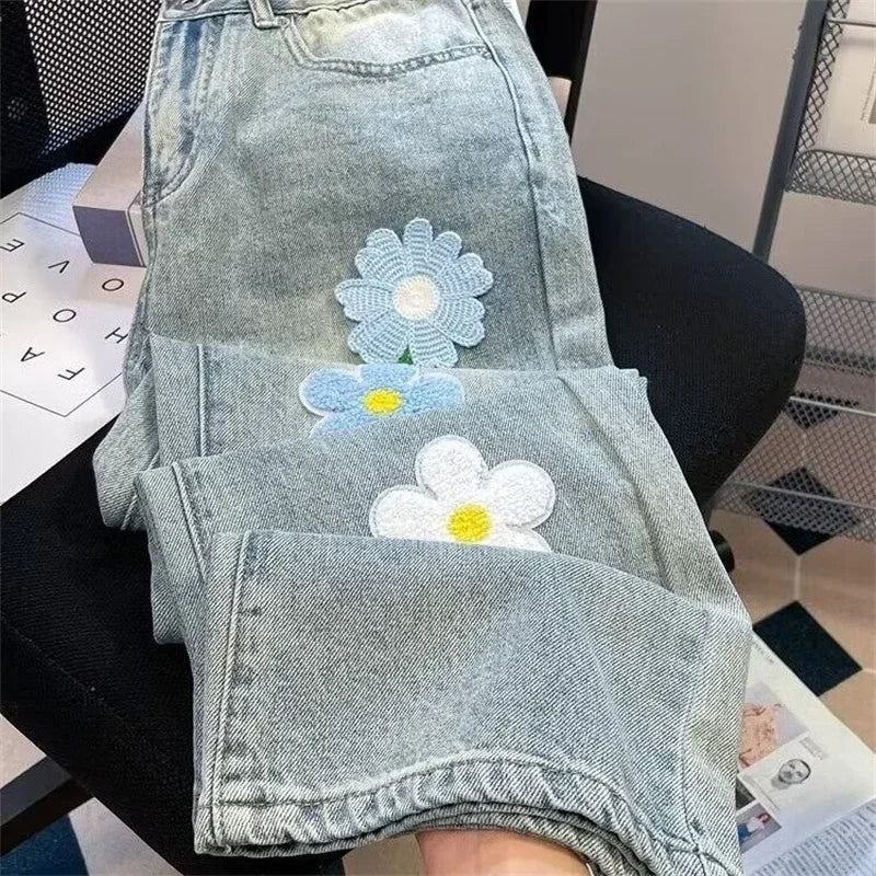 Y2K Vintage Flower Embroidered Jeans For Men High Street Baggy Straight Wide Leg Denim Pants Autumn Design Hip Hop Fashion Jean