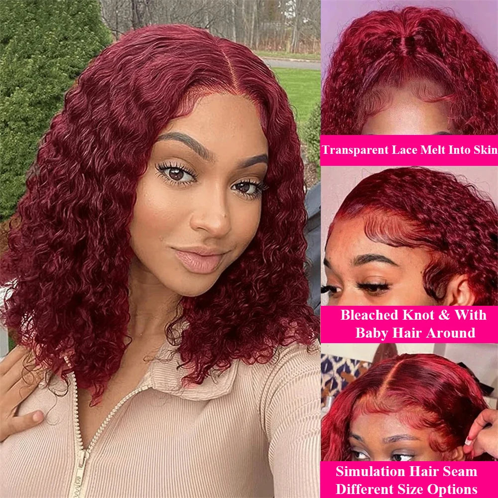 99J Deep Water Wave Bob Burgundy Lace Front Wigs Bob 100% Human Hair 13x4 Lace Frontal Wig Short Bob Kinky Curly Wig Brazilian