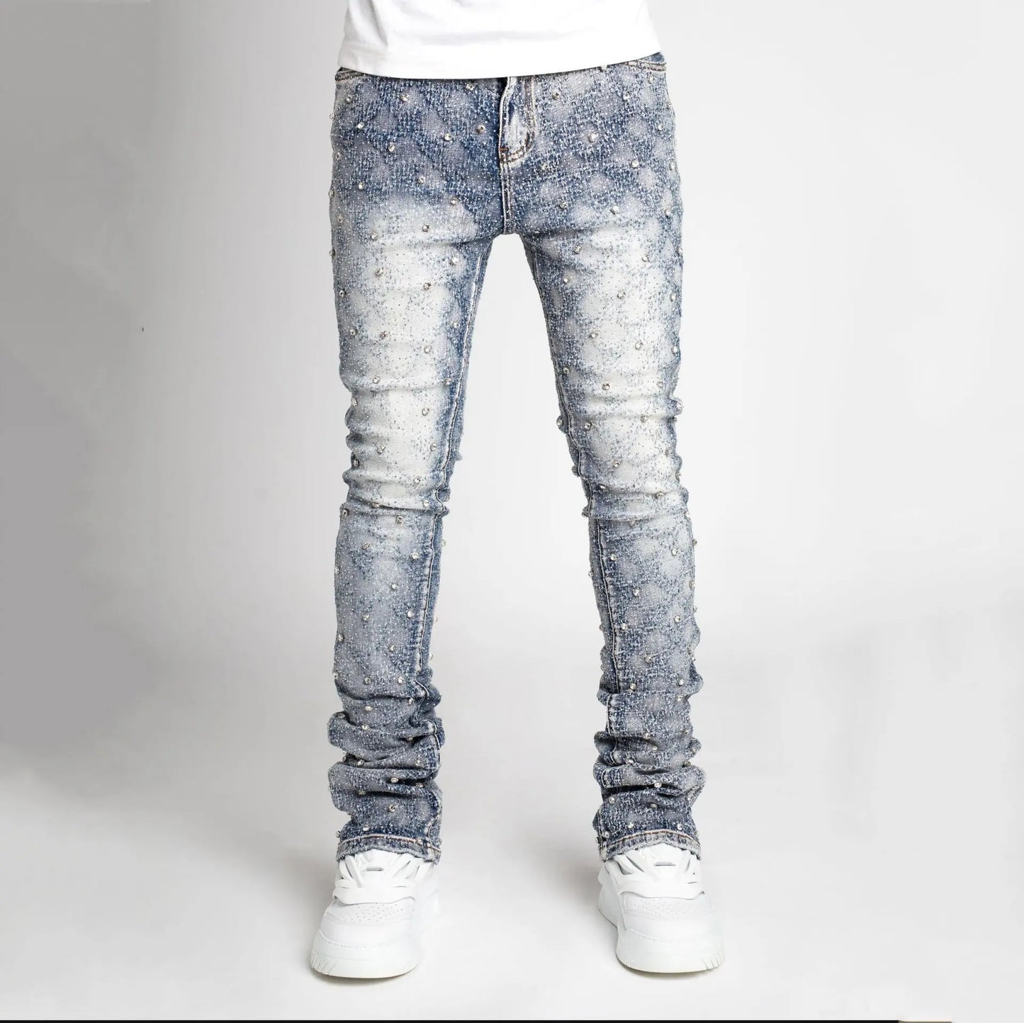 Stretchy Pearls Skinny Jeans For Men 2024 New Fashion Fashion Rhinestone European Street Personality Stacked Denim Pants