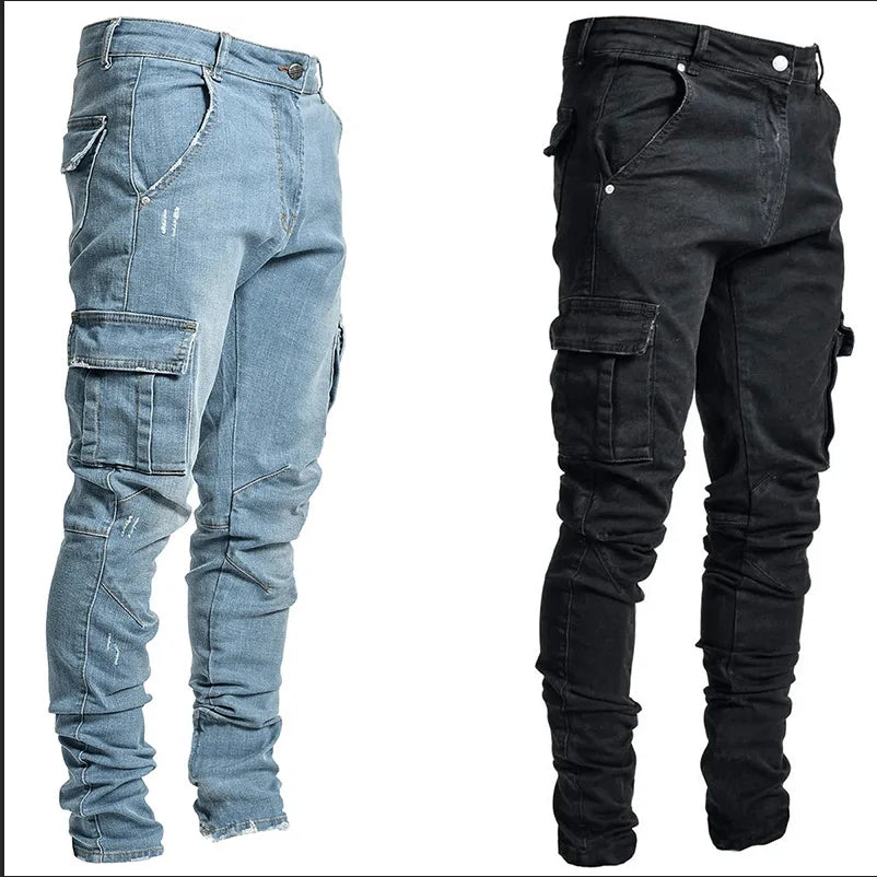 new Jeans Men Pants Wash Solid Color Multi Pockets Denim Mid Waist Cargo Jeans Plus Size Fahsion Casual Trousers Male Daily Wear