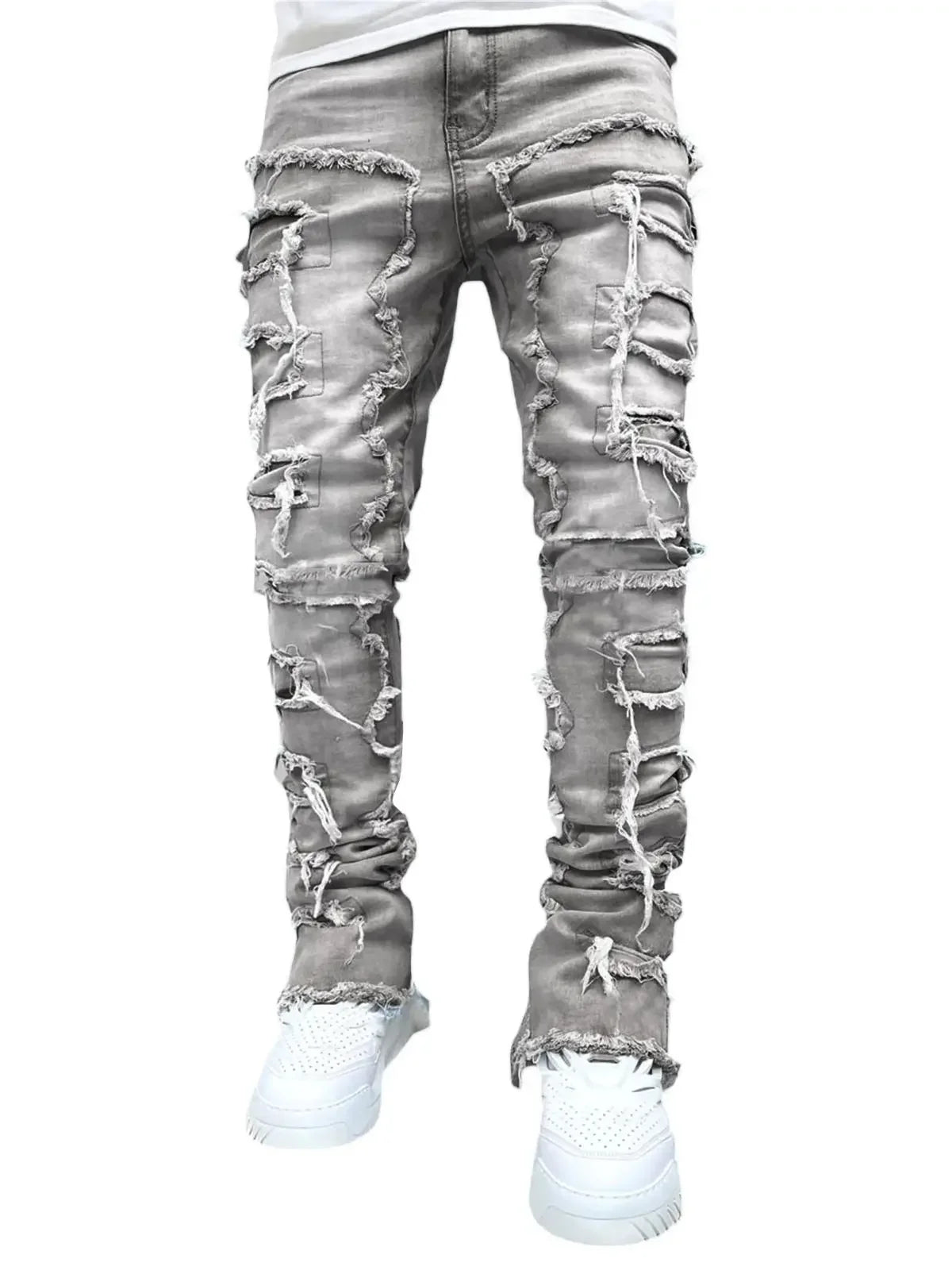 Men's Regular Fit Stacked Jeans Ripped Slim Fit Patch Distressed Destroyed Straight Denim Pants Hip Hop Streetwear Trouser Cloth