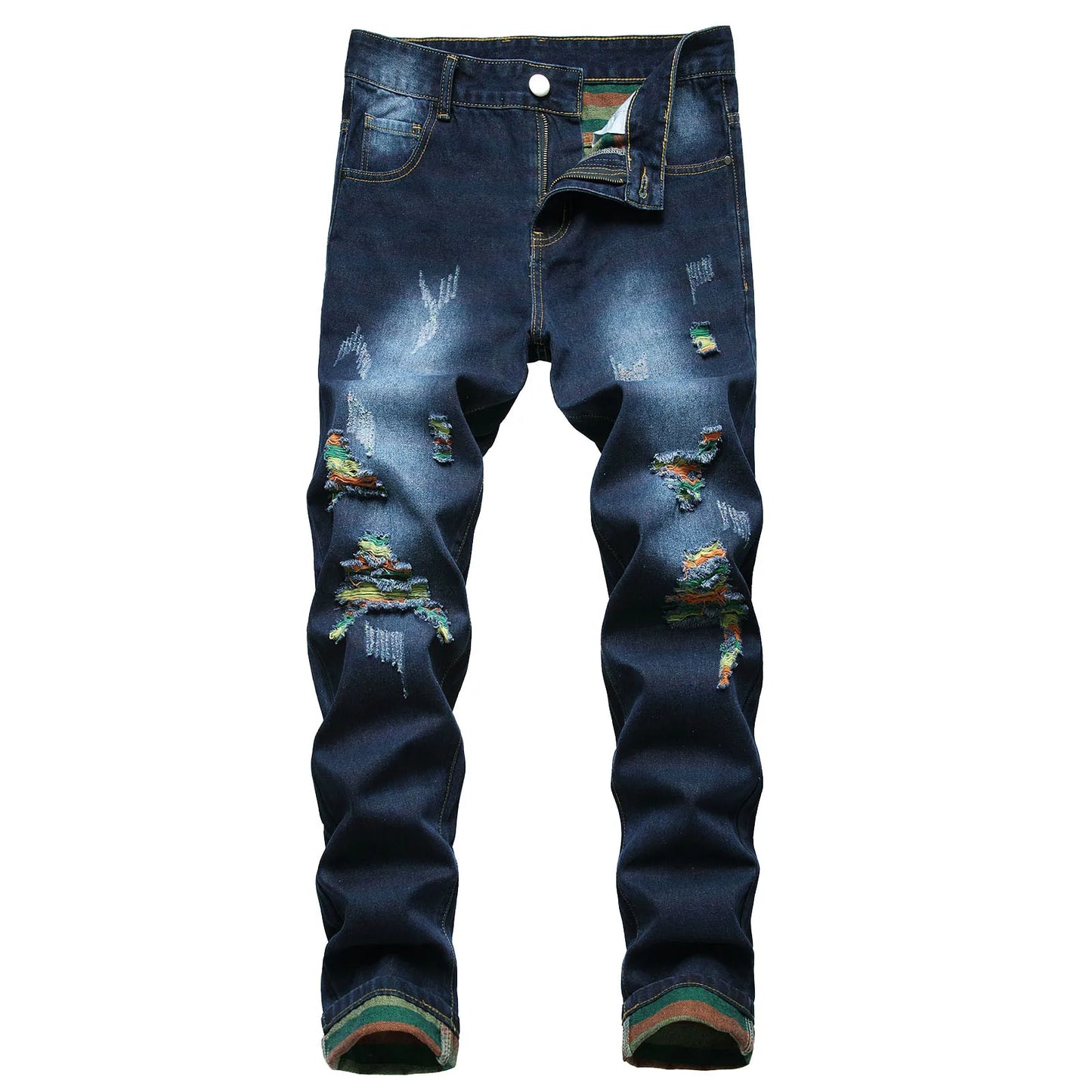 Men Vintage Wash Solid Denim Trousers Floor Mopping Jeans Mens Fashion Casual Fashion Ripped Straight Fit Rainbow Jeans