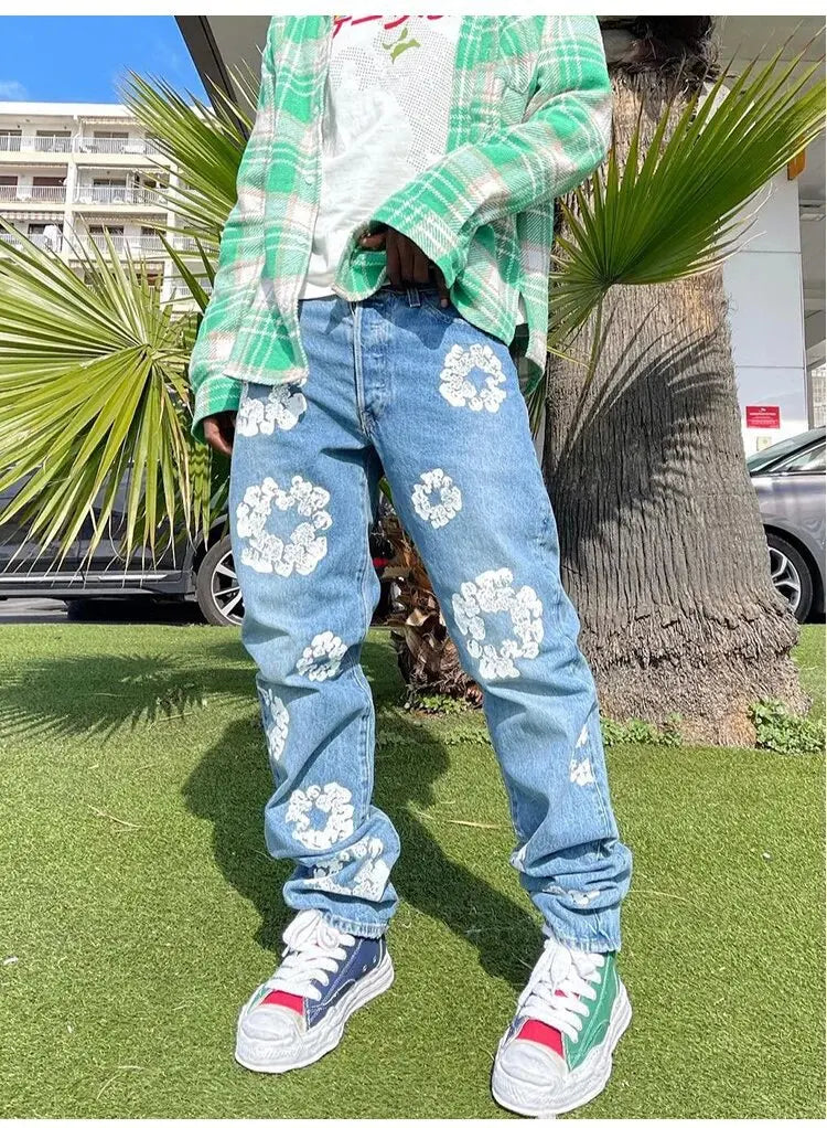 Man Jeans Denim Pants Fall Winter Casual Aesthetic Flower Print Jeans Baggy Pants Trousers High Waist Fashion Women Jean Pants