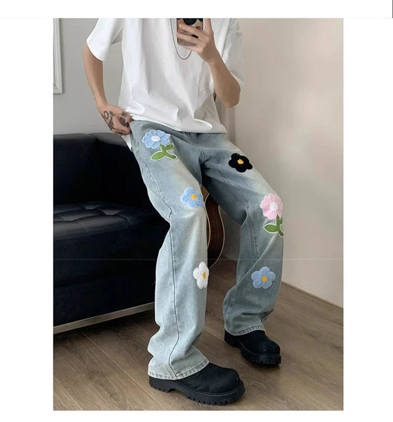 Y2K Vintage Flower Embroidered Jeans For Men High Street Baggy Straight Wide Leg Denim Pants Autumn Design Hip Hop Fashion Jean